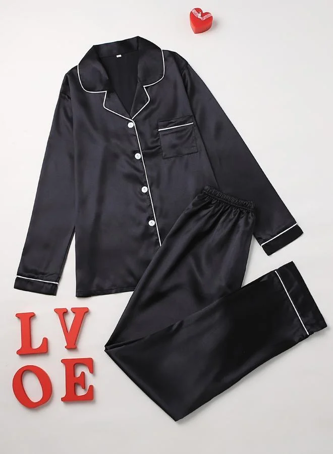 تايك تو طقم بلوزة بأكمام طويلة وبنطال بيجاما للنساء باللون الأسود